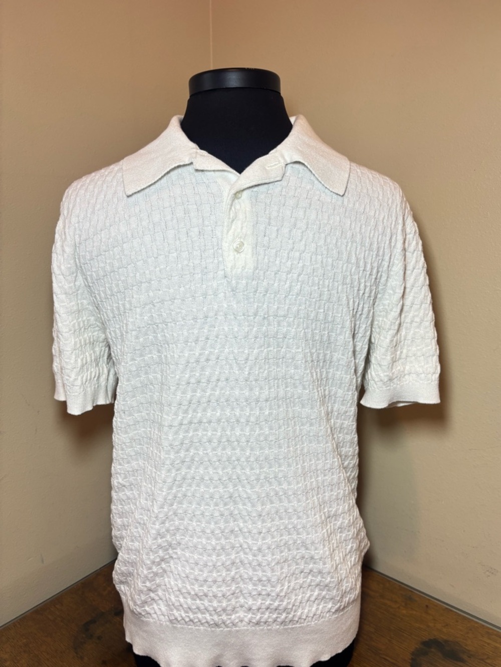 Thom Aaron Men's White Textured Knit Polo Shirt Sweater, large, unisex